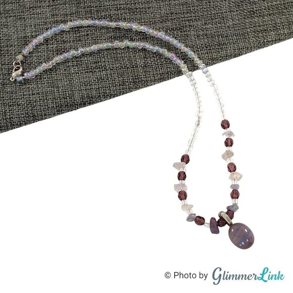 Amethyst Quartz Aurora Borealis Art Glass Pendant Necklace - Picture 4 of 9